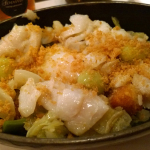 Flaked cod with bread crumbs, LT egg and “exploding” olives